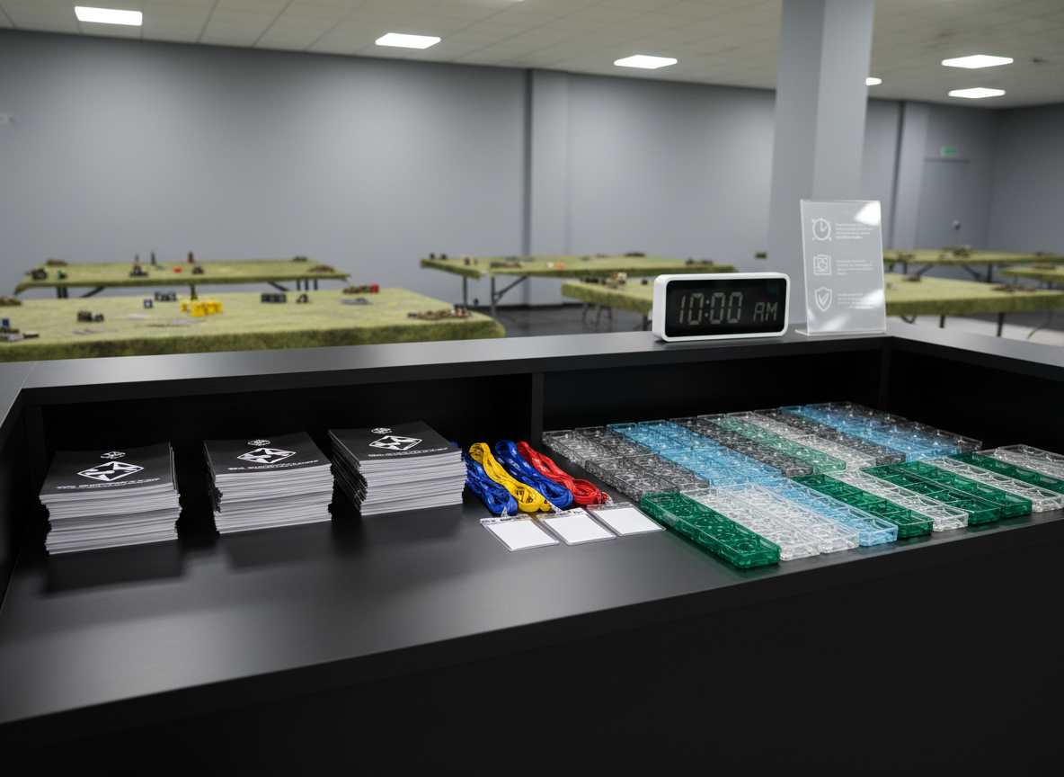 A clean registration desk setup for a tabletop strategy tournament, shown without any people, featuring neatly stacked event packets, lanyards with blank badge holders, and rows of empty transparent dice trays organized by color. A large digital clock and a minimalist acrylic sign with abstract icons hinting at schedules and rules stand on the back of the counter. The desk surface is smooth matte black, contrasting with cool grey walls and distant out-of-focus gaming tables covered in green battle mats. Bright, even indoor lighting from overhead panels ensures every object is crisp and legible, creating a professional, efficient mood. Photographic realism, framed from a slightly elevated front angle, with clear leading lines guiding the eye from the desk toward the tournament area beyond, perfect for conveying event info, registration, and organization.