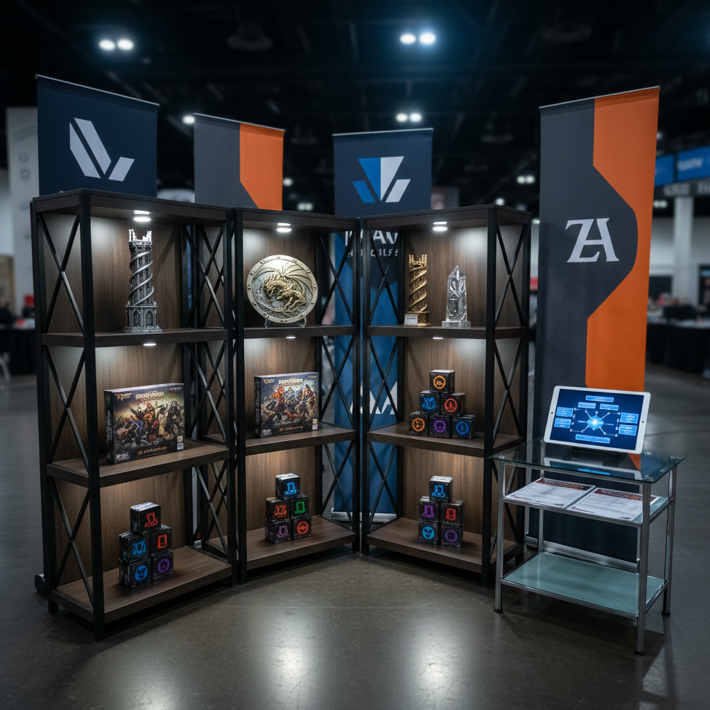 A polished sponsor and information corner for a national tabletop tournament, designed with no people present: sleek black shelving displaying fantasy-themed prize trophies shaped like stylized towers and shields, pristine boxes of strategy battle game sets, and branded dice tins. Discreet banners with abstract logos and color blocks stand behind the shelves, avoiding readable text while clearly signaling sponsor presence. A glass-topped side table holds a tablet with a bracket-style graphic and a neat stack of printed rule summaries and schedules. Cool, controlled spotlights from above and behind create subtle reflections on glass and metal, emphasizing prestige and professionalism. Photographic realism, shot from a mid-level angle with balanced composition and moderate depth of field, conveys an organized, high-stakes event focused on sponsors, awards, and official information.