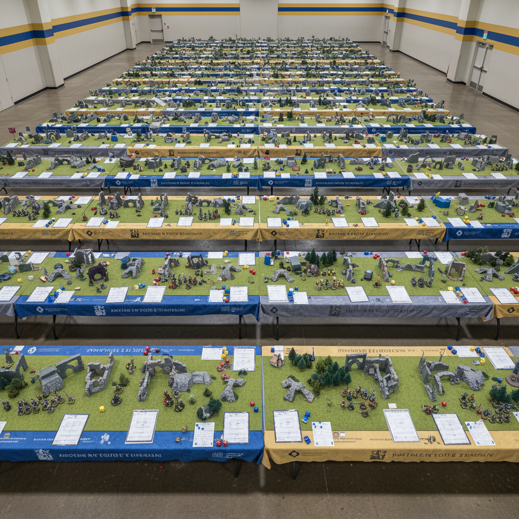 An overhead photographic view of multiple parallel tournament tables, each set with neatly arranged fantasy battlefields: modular terrain hills, ruined stone structures, forests, and carefully deployed lines of painted miniatures. Every table features identical measurement tools, dice, and scenario cards laid out with geometric precision. The room has a clean, spacious convention-center feel with neutral walls and discreet sponsor-colored accents on table runners. Bright, uniform ceiling lighting illuminates every surface, minimizing shadows and enhancing the crisp detail of the miniatures and terrain. The composition is a wide bird’s-eye angle with sharp focus throughout, creating a sense of scale, order, and competitiveness. The mood is energetic yet controlled, ideal for visualizing schedules, pairings, and round structures for a national strategy battle game tournament.