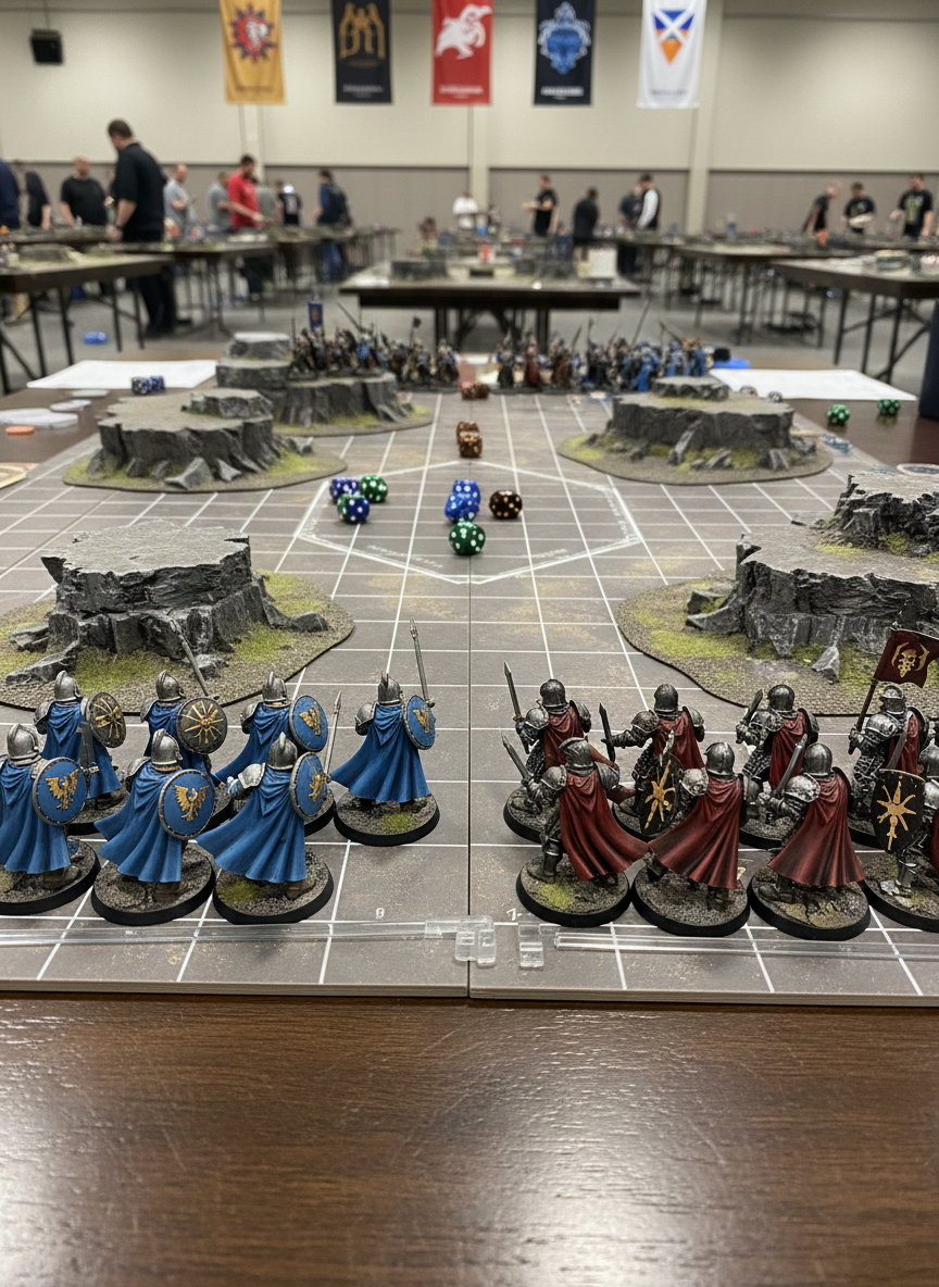 A meticulously arranged tabletop scene featuring a high-quality game board inspired by fantasy battles, with detailed terrain pieces, modular rocky outcrops, and a central battlefield marked with precise measurement lines. Several painted miniature armies face each other in strategic formations, each with metallic armor, textured cloaks, and weathered shields. The board rests on a sleek dark wood table in a modern event hall, with blurred banners and tournament tables receding into the background. Neutral, diffused overhead lighting creates soft reflections on dice and measuring tools, emphasizing clarity and professionalism. Photographic realism, shot at eye level with a slight angle across the battlefield, sharp focus on the central minis and subtle bokeh behind, evoking a serious, organized, competitive atmosphere suitable for a national-level strategy game tournament website.
