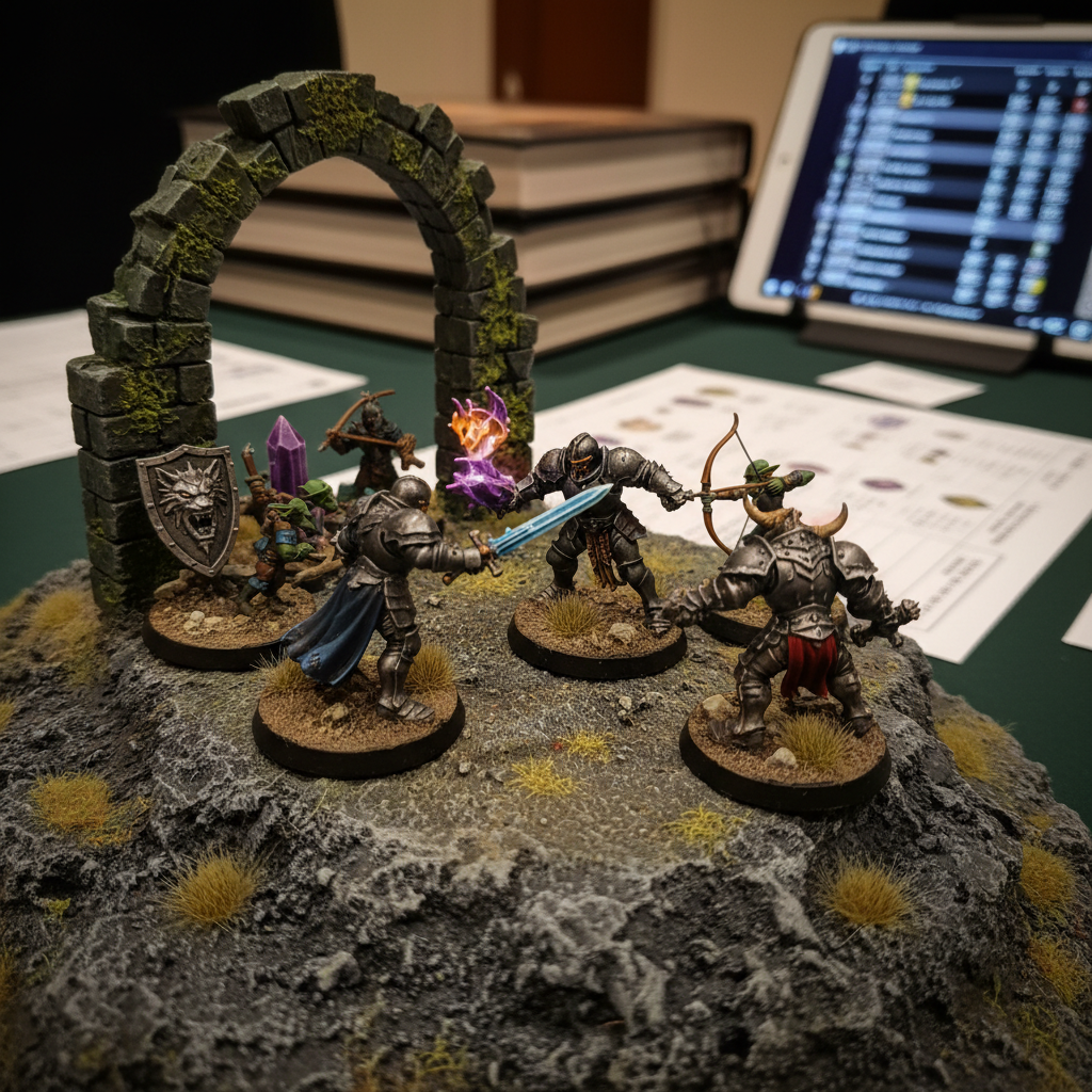 A close-up, cinematic shot of a dramatic fantasy battlefield moment frozen in time: a cluster of highly detailed miniatures locked in combat on a textured, rocky hill with scattered tufts of grass and a ruined stone archway behind them. Custom objective markers, sculpted as glowing crystals and engraved shields, are carefully placed around the scene. The background subtly includes out-of-focus reference sheets and a tablet displaying an army-building interface, hinting at rules and list planning. Directional, slightly warm overhead lighting creates strong highlights on metallic armor and casts dynamic shadows over the terrain, adding intensity. Photographic realism, captured from a low, eye-level perspective between the models with a shallow depth of field, produces an immersive, competitive atmosphere that supports content about rules, missions, and tactics.